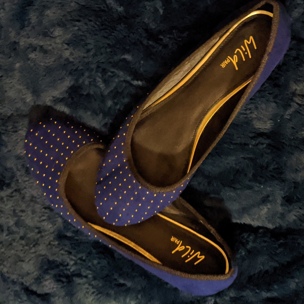 Size 9 Wild Pair Blue "Suede" Flats with Gold Metal beads